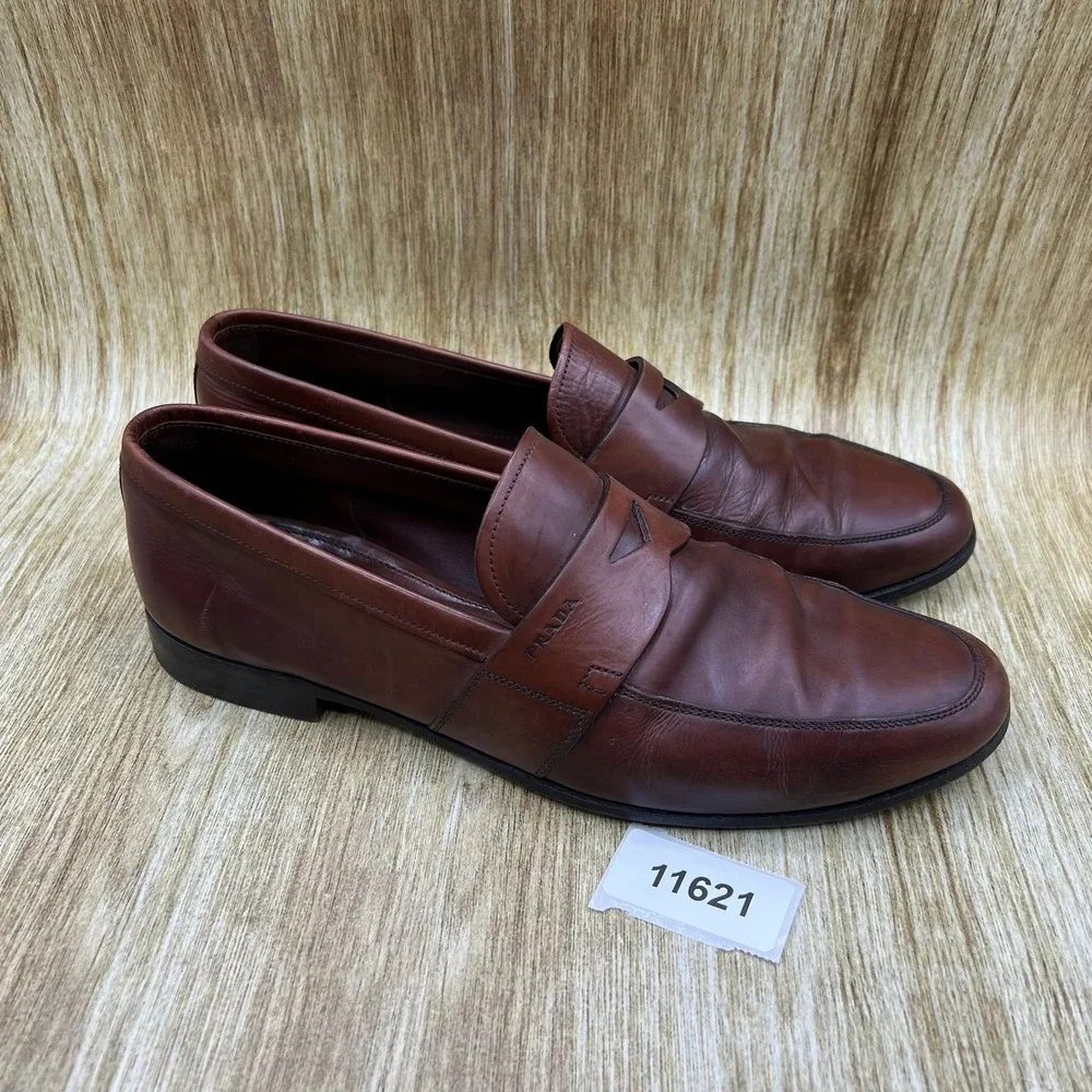 Prada Penny Loafers Men's Size 7.5 Brown Leather Made in Italy Dress Shoes